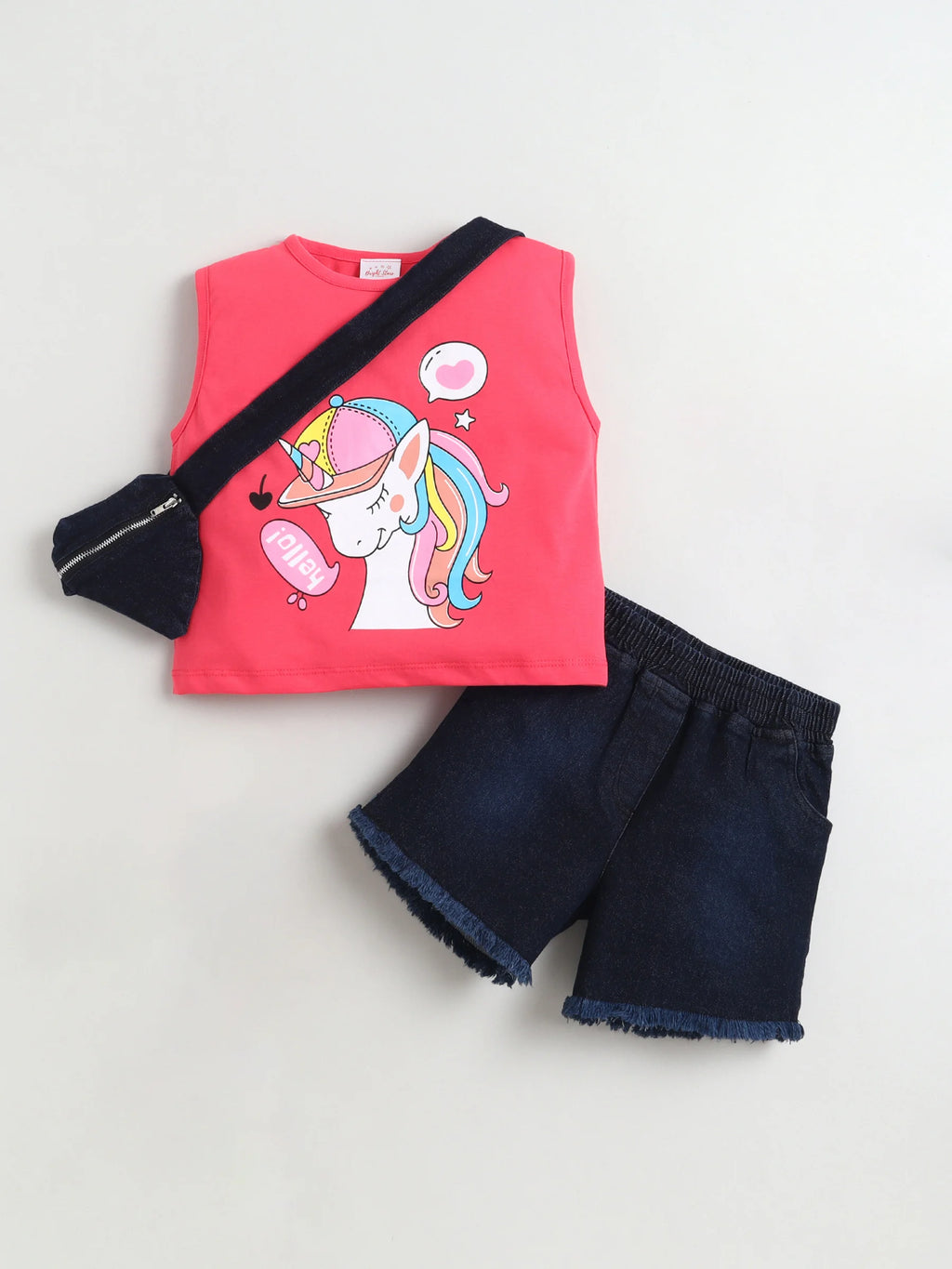 Bright Stars KIDSWEAR Cotton Single Jersey Sleeveless Unicorn Printed Tee With Denim Frey Shorts And Heart Shape Bag