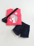Bright Stars KIDSWEAR Cotton Single Jersey Sleeveless Unicorn Printed Tee With Denim Frey Shorts And Heart Shape Bag