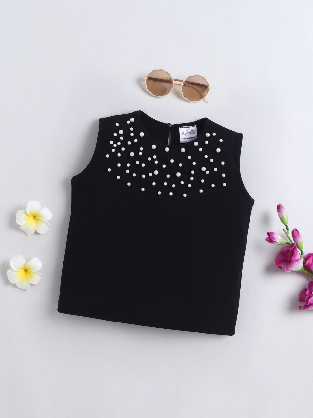 Sleeveless Girls Top Pearl Embellished Blouse, Kids Casual Outfit, Party Top - Black