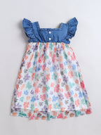 BRIGHT STARS KIDSWEAR Stylish Summer Stawberry Printed Denim Casual Flutter Sleeve Dresses for Kids Baby Girls, Regular Fit Frock with Bow, Cotton Lining, Toddler Outfit, Fancy Midi, Blue