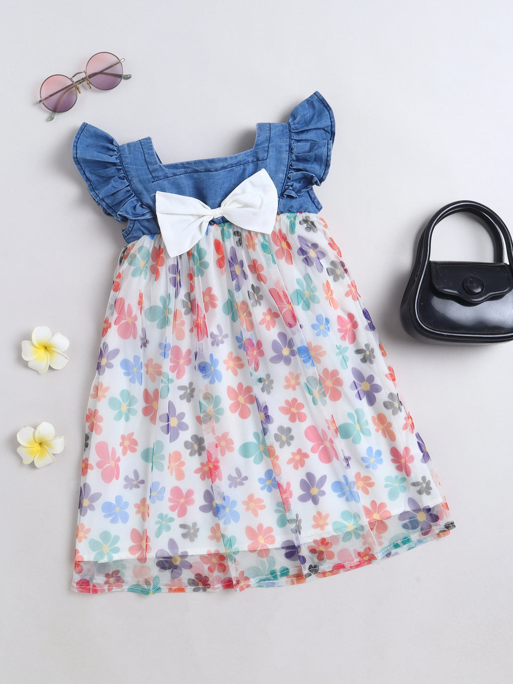 BRIGHT STARS KIDSWEAR Stylish Summer Stawberry Printed Denim Casual Flutter Sleeve Dresses for Kids Baby Girls, Regular Fit Frock with Bow, Cotton Lining, Toddler Outfit, Fancy Midi, Blue