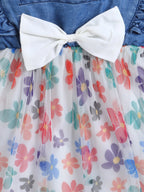 BRIGHT STARS KIDSWEAR Stylish Summer Stawberry Printed Denim Casual Flutter Sleeve Dresses for Kids Baby Girls, Regular Fit Frock with Bow, Cotton Lining, Toddler Outfit, Fancy Midi, Blue