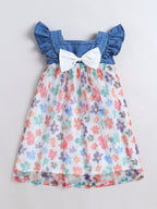 BRIGHT STARS KIDSWEAR Stylish Summer Stawberry Printed Denim Casual Flutter Sleeve Dresses for Kids Baby Girls, Regular Fit Frock with Bow, Cotton Lining, Toddler Outfit, Fancy Midi, Blue