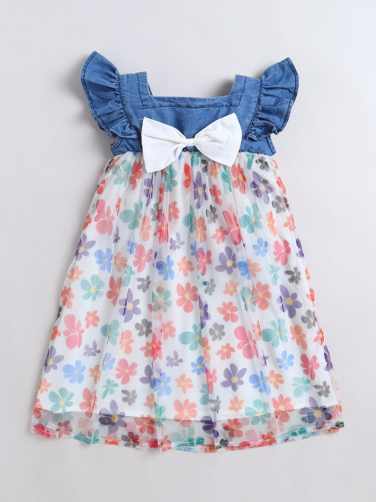 BRIGHT STARS KIDSWEAR Stylish Summer Stawberry Printed Denim Casual Flutter Sleeve Dresses for Kids Baby Girls, Regular Fit Frock with Bow, Cotton Lining, Toddler Outfit, Fancy Midi, Blue