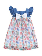 BRIGHT STARS KIDSWEAR Stylish Summer Stawberry Printed Denim Casual Flutter Sleeve Dresses for Kids Baby Girls, Regular Fit Frock with Bow, Cotton Lining, Toddler Outfit, Fancy Midi, Blue