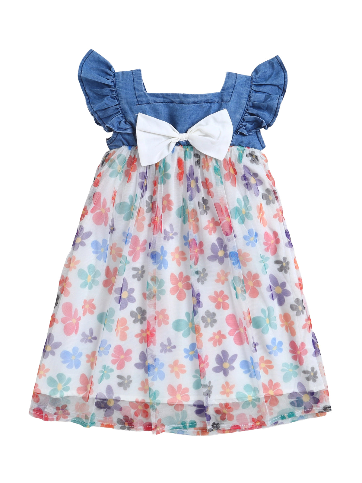 BRIGHT STARS KIDSWEAR Stylish Summer Stawberry Printed Denim Casual Flutter Sleeve Dresses for Kids Baby Girls, Regular Fit Frock with Bow, Cotton Lining, Toddler Outfit, Fancy Midi, Blue