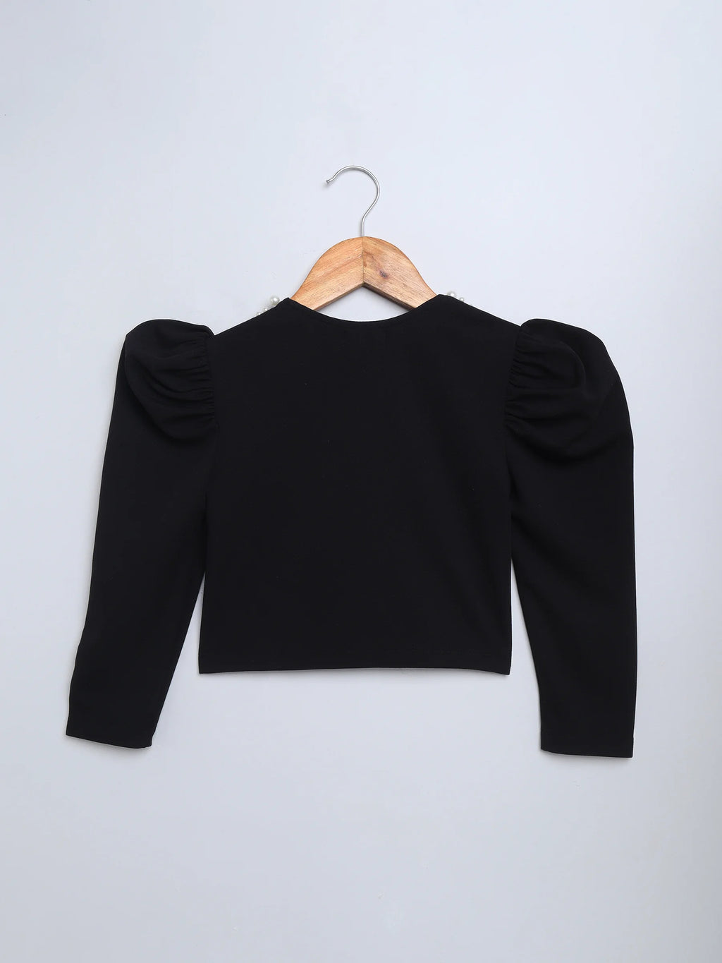 Girl's Black Pearl-Embellished Long Sleeve Shrug, Ruched Design