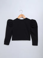 Girl's Black Pearl-Embellished Long Sleeve Shrug, Ruched Design