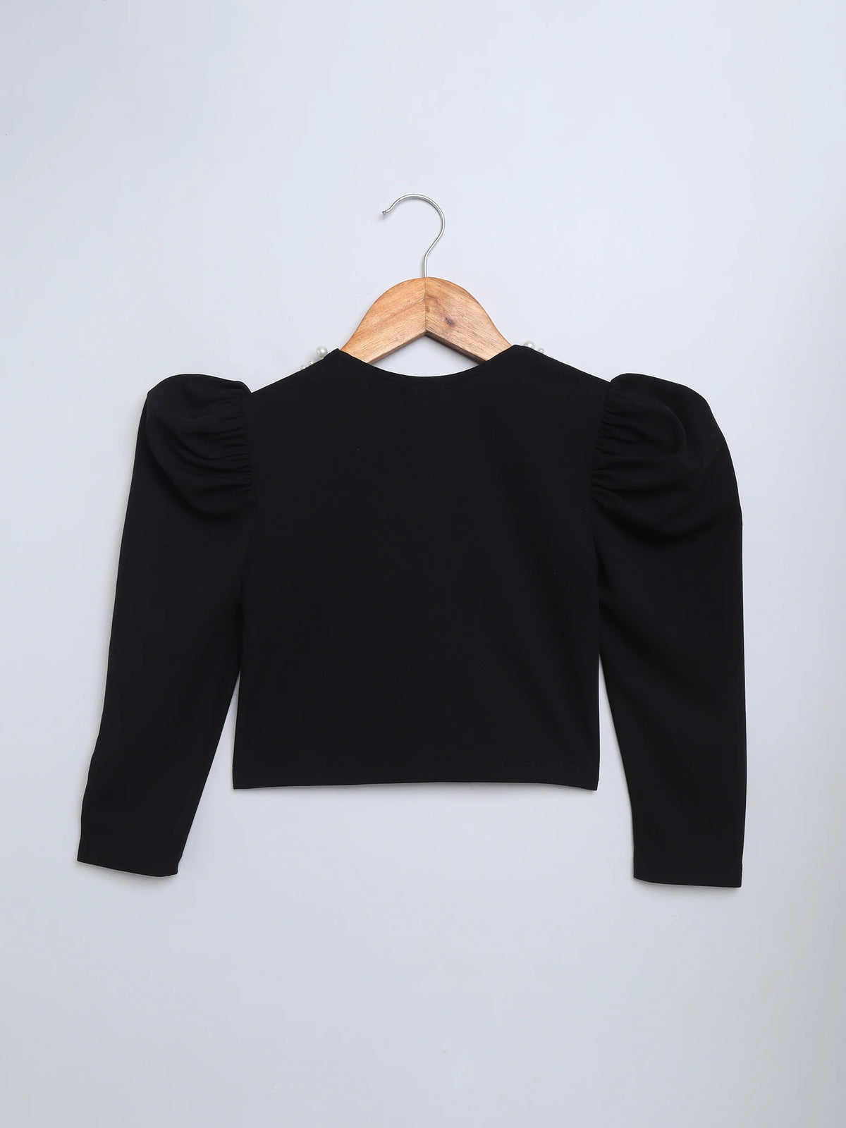 Girl's Black Pearl-Embellished Long Sleeve Shrug, Ruched Design