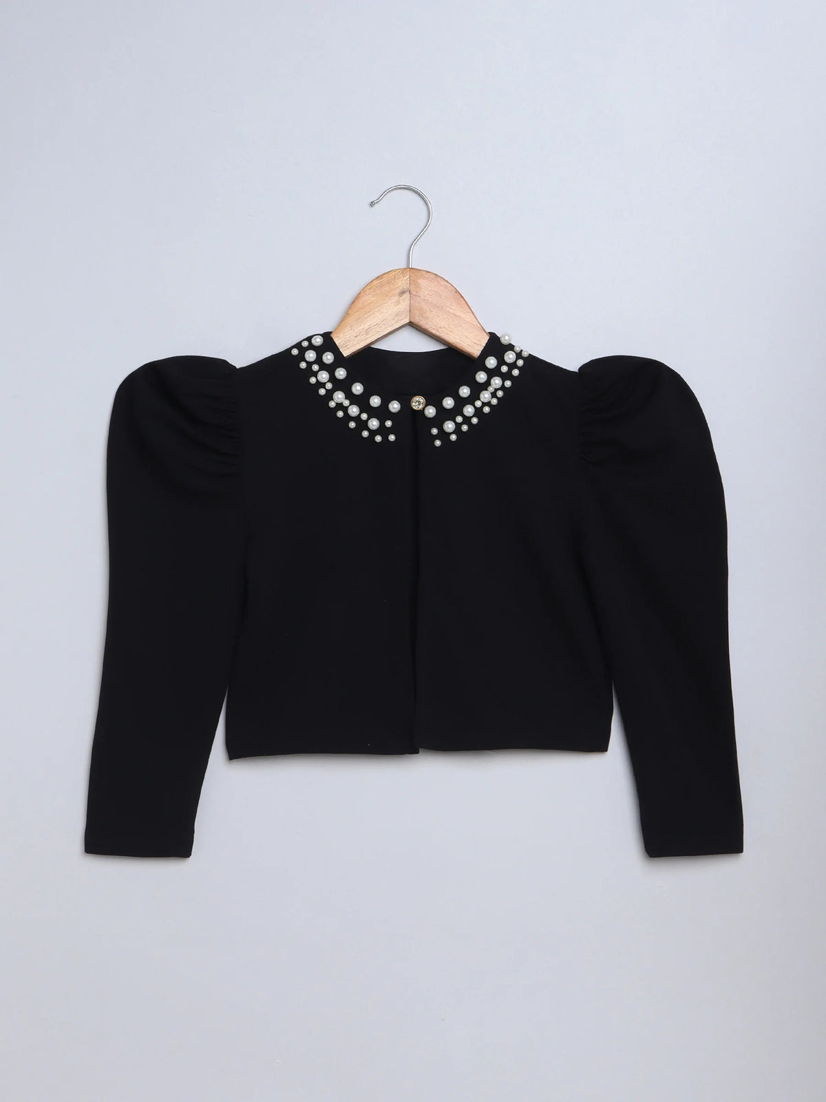Girl's Black Pearl-Embellished Long Sleeve Shrug, Ruched Design
