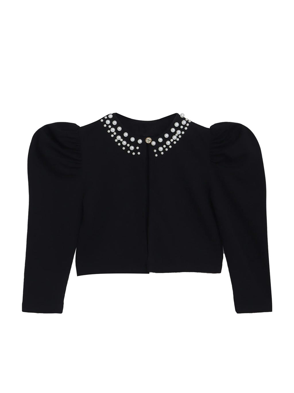 Girl's Black Pearl-Embellished Long Sleeve Shrug, Ruched Design
