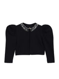 Girl's Black Pearl-Embellished Long Sleeve Shrug, Ruched Design