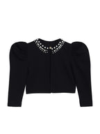 Girl's Black Pearl-Embellished Long Sleeve Shrug, Ruched Design