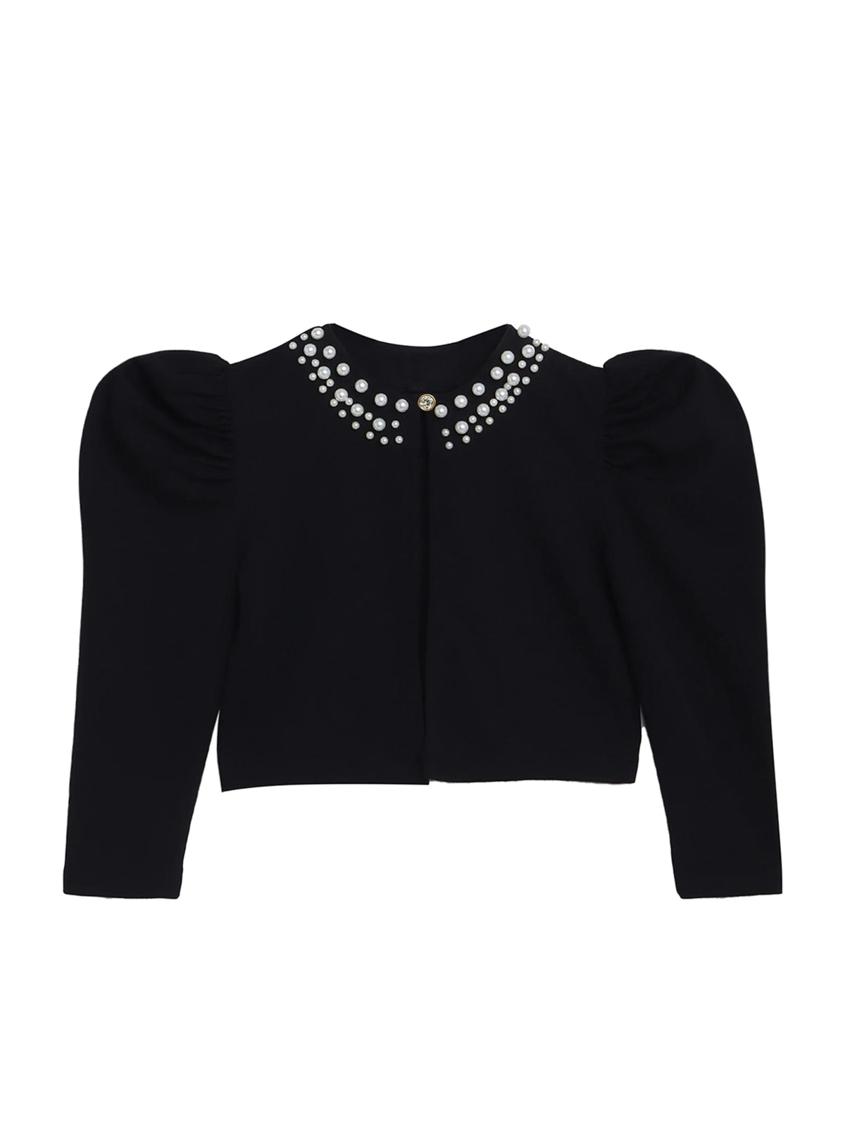 Girl's Black Pearl-Embellished Long Sleeve Shrug, Ruched Design
