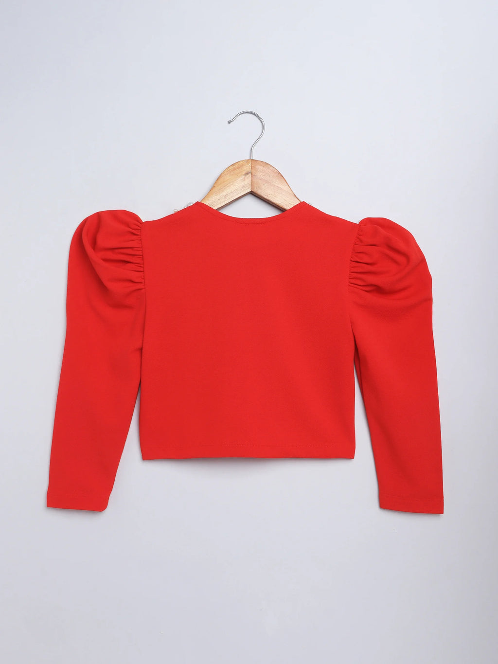 Girl's Red Pearl-Embellished Long Sleeve Shrug, Ruched Design