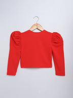 Girl's Red Pearl-Embellished Long Sleeve Shrug, Ruched Design