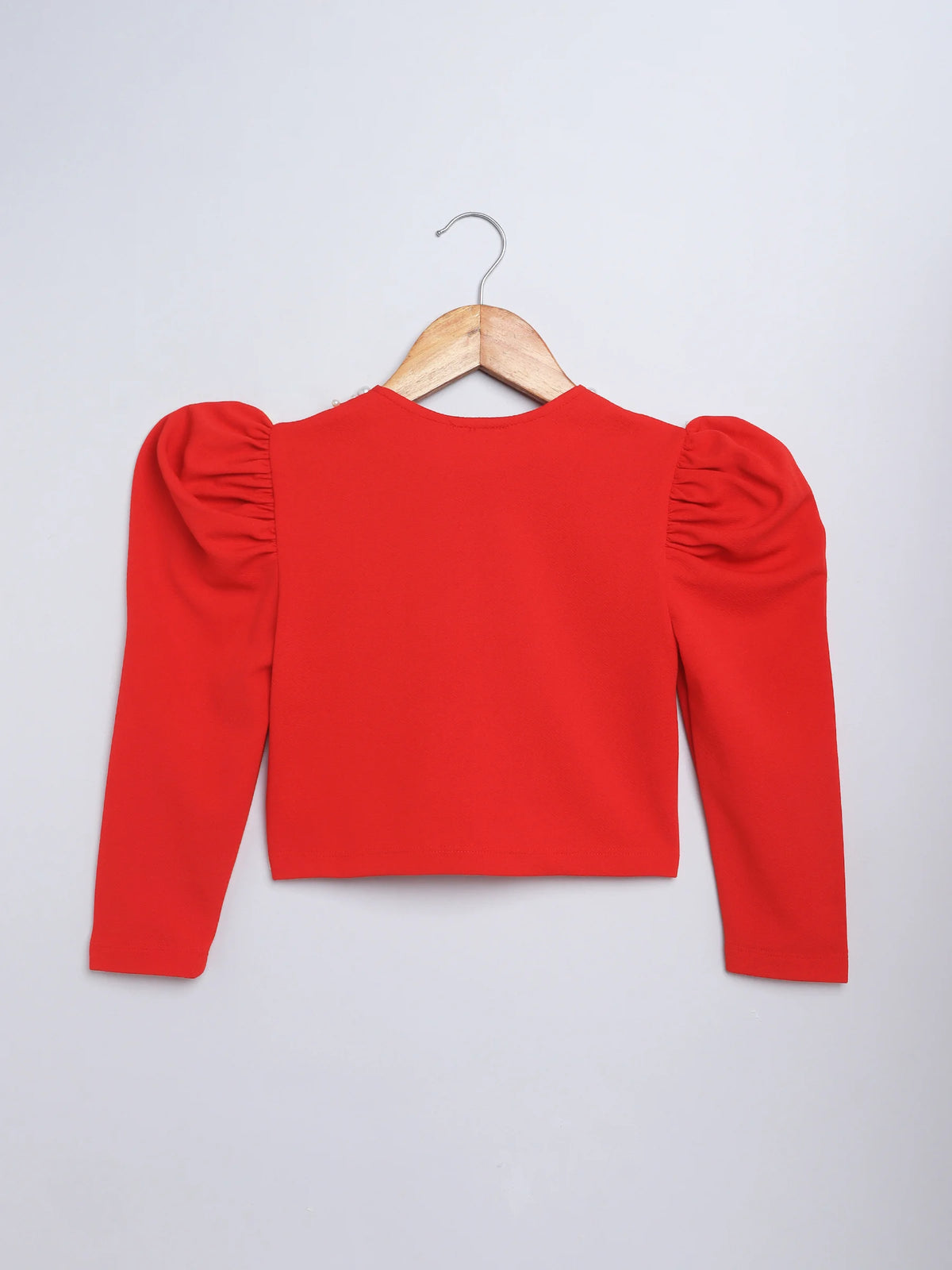 Girl's Red Pearl-Embellished Long Sleeve Shrug, Ruched Design