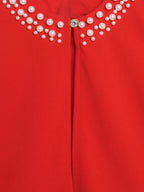 Girl's Red Pearl-Embellished Long Sleeve Shrug, Ruched Design