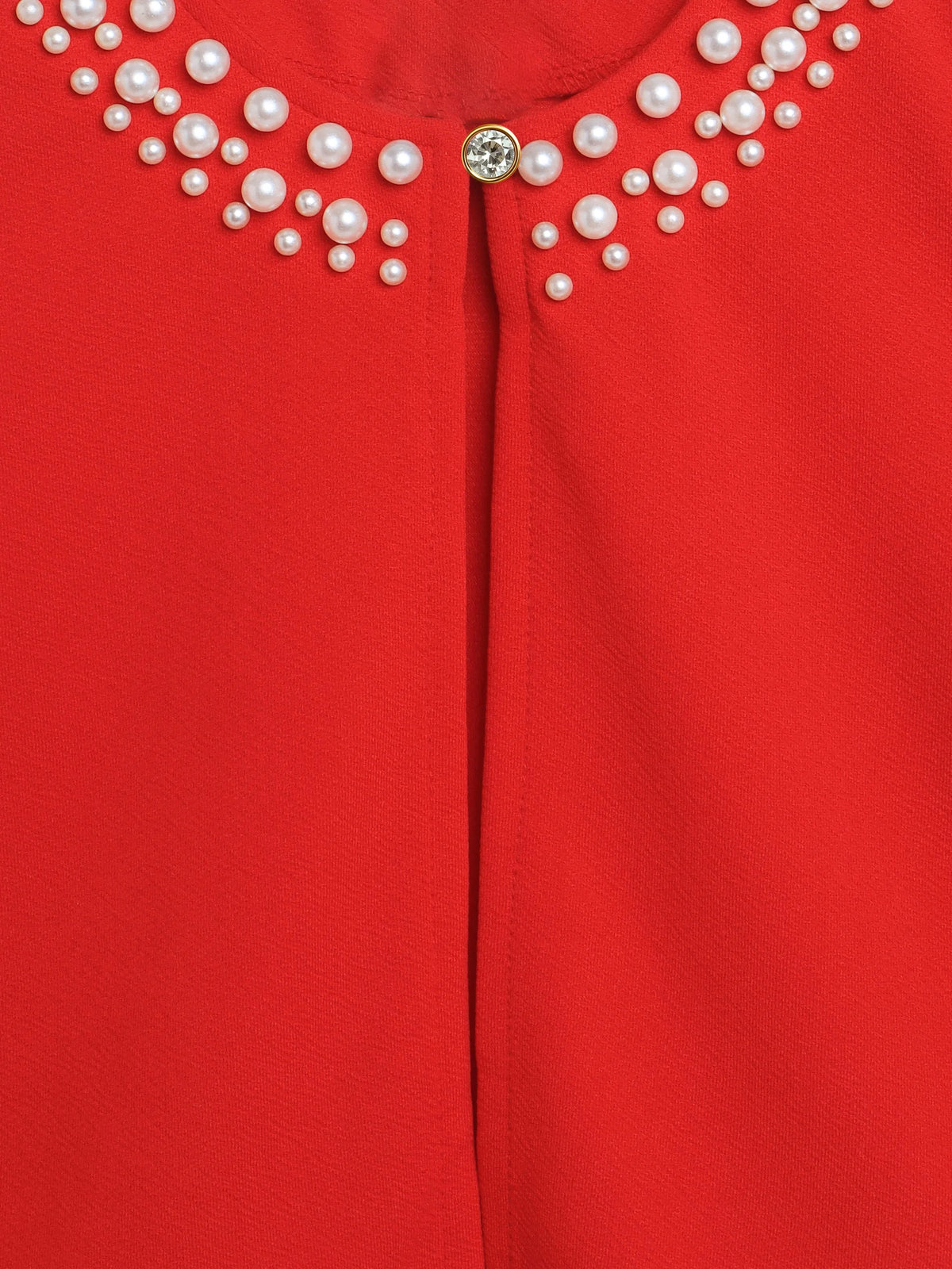 Girl's Red Pearl-Embellished Long Sleeve Shrug, Ruched Design