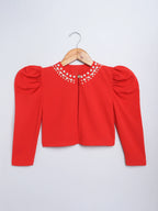 Girl's Red Pearl-Embellished Long Sleeve Shrug, Ruched Design