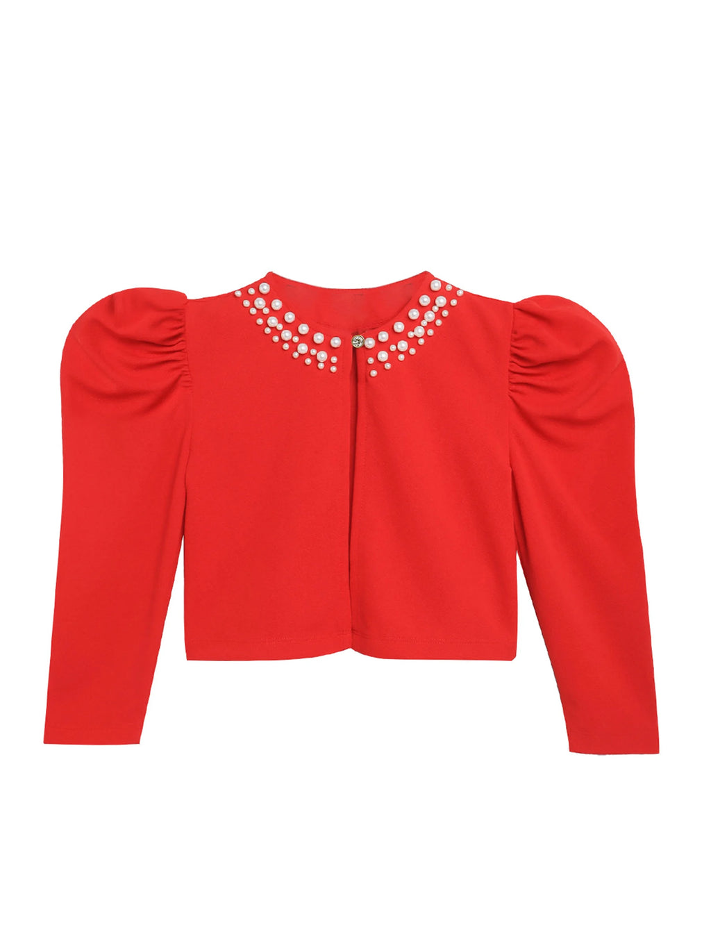 Girl's Red Pearl-Embellished Long Sleeve Shrug, Ruched Design