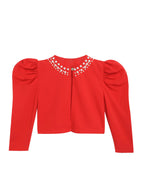 Girl's Red Pearl-Embellished Long Sleeve Shrug, Ruched Design