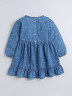 Girls Soft Cotton Printed Denim Full Sleeve A-Line Bow Embellishment Casual Dress