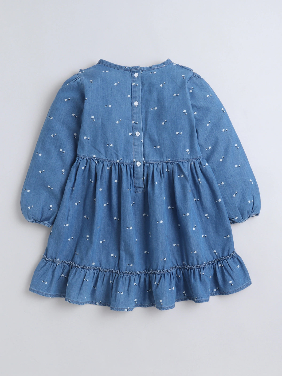 Girls Soft Cotton Printed Denim Full Sleeve A-Line Bow Embellishment Casual Dress