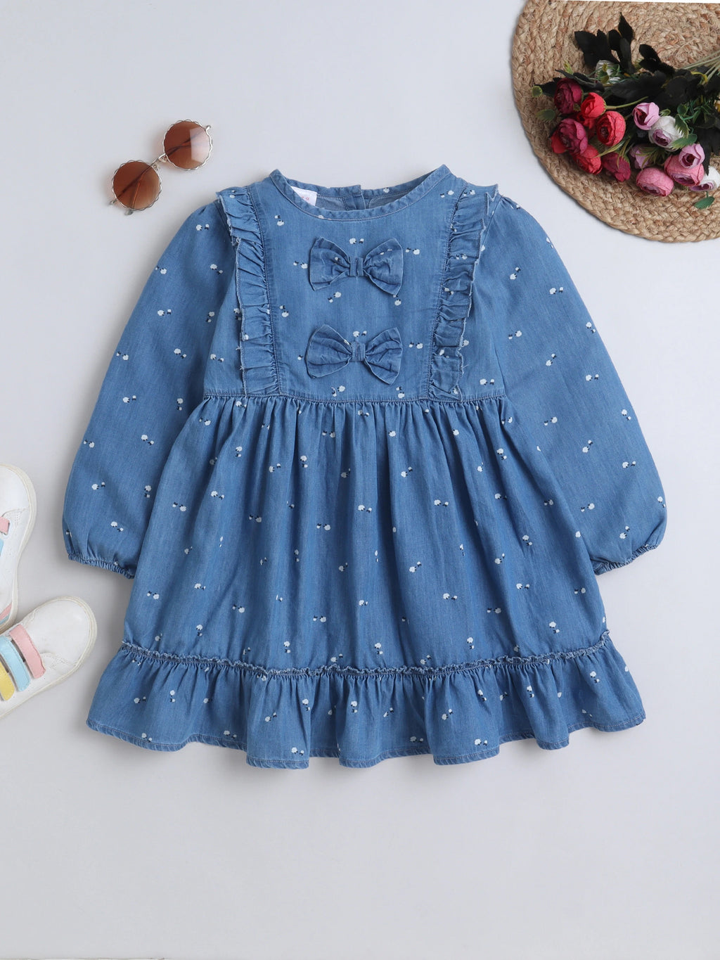 Girls Soft Cotton Printed Denim Full Sleeve A-Line Bow Embellishment Casual Dress