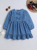 Girls Soft Cotton Printed Denim Full Sleeve A-Line Bow Embellishment Casual Dress