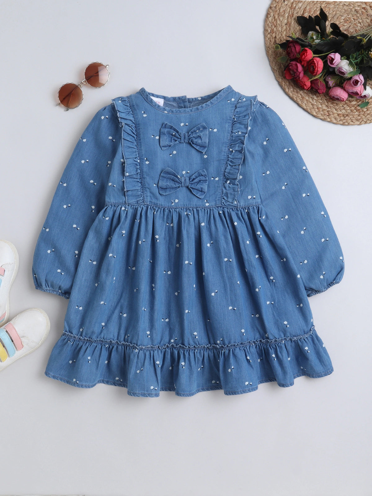 Girls Soft Cotton Printed Denim Full Sleeve A-Line Bow Embellishment Casual Dress