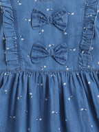 Girls Soft Cotton Printed Denim Full Sleeve A-Line Bow Embellishment Casual Dress