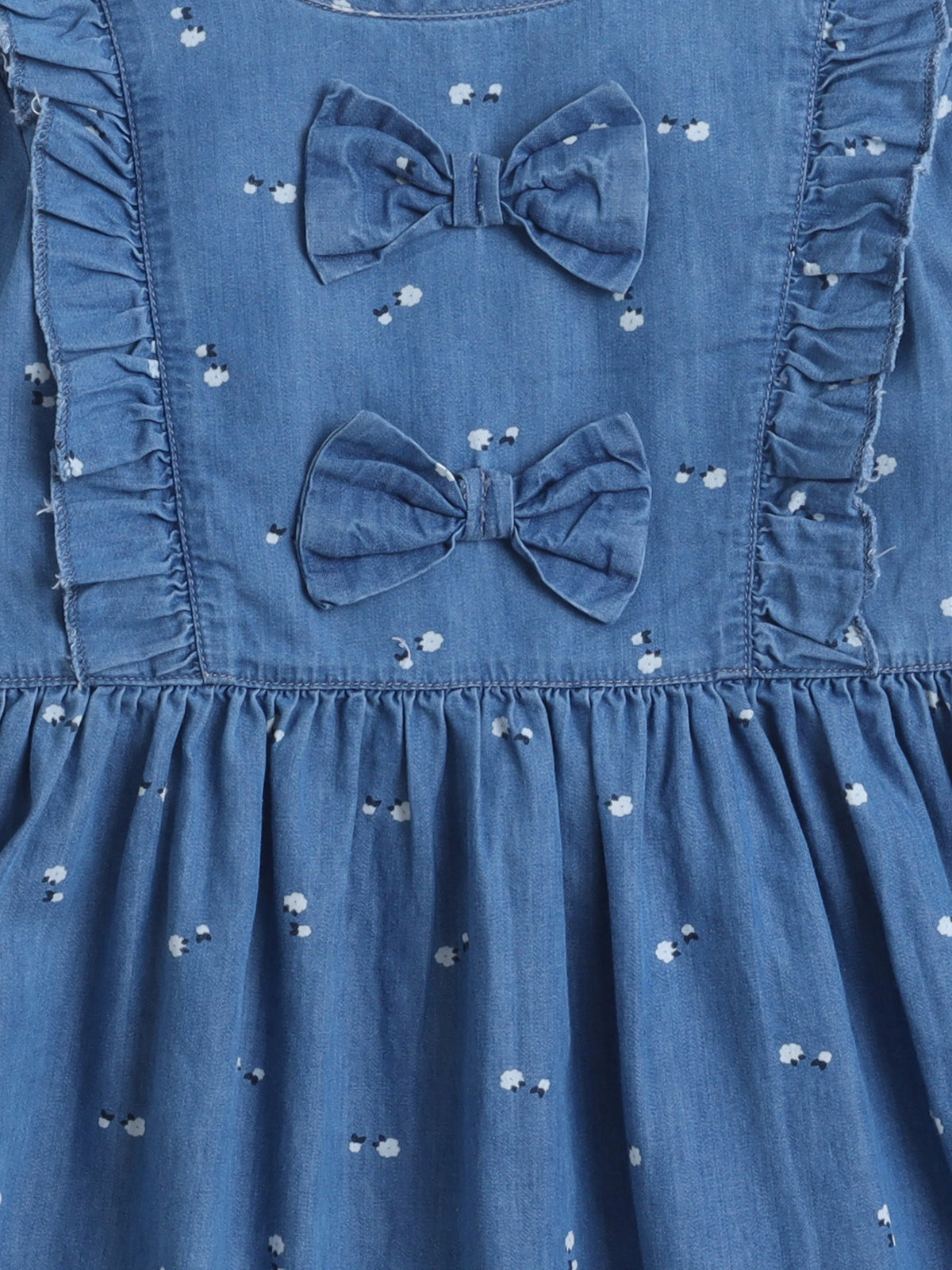 Girls Soft Cotton Printed Denim Full Sleeve A-Line Bow Embellishment Casual Dress