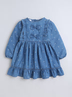 Girls Soft Cotton Printed Denim Full Sleeve A-Line Bow Embellishment Casual Dress