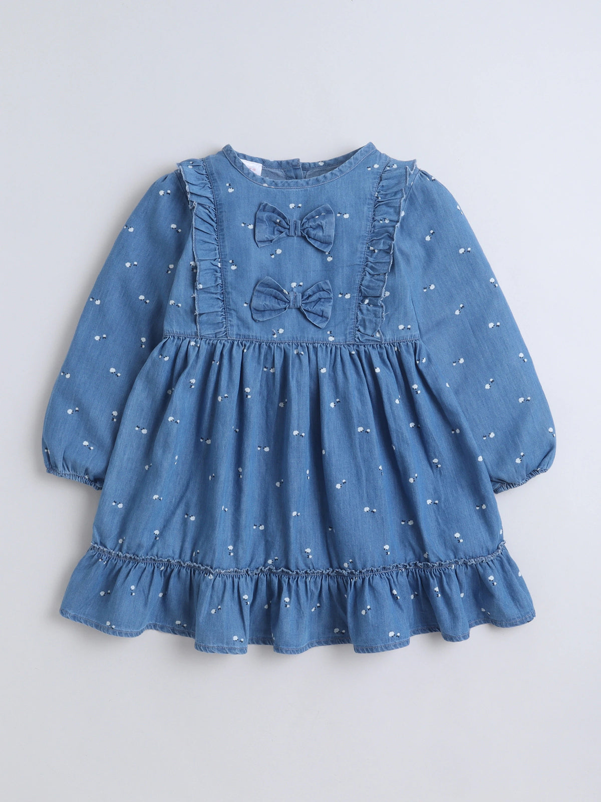 Girls Soft Cotton Printed Denim Full Sleeve A-Line Bow Embellishment Casual Dress
