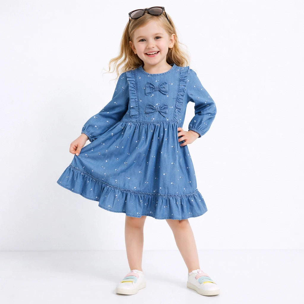 Girls Soft Cotton Printed Denim Full Sleeve A-Line Bow Embellishment Casual Dress