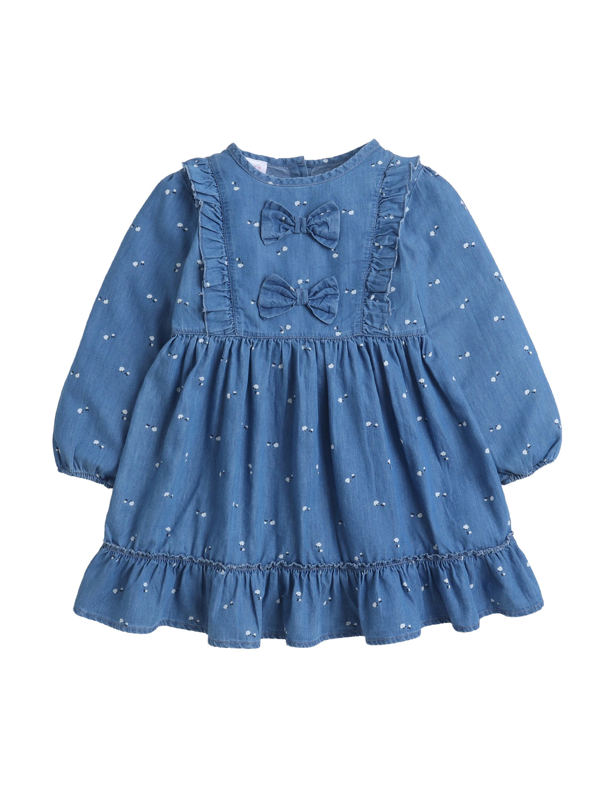 Girls Soft Cotton Printed Denim Full Sleeve A-Line Bow Embellishment Casual Dress
