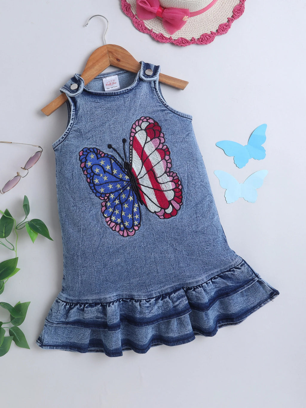 Girls Denim Singlet A-Line Dress With Butterfly Embroider Summer Casual Frock