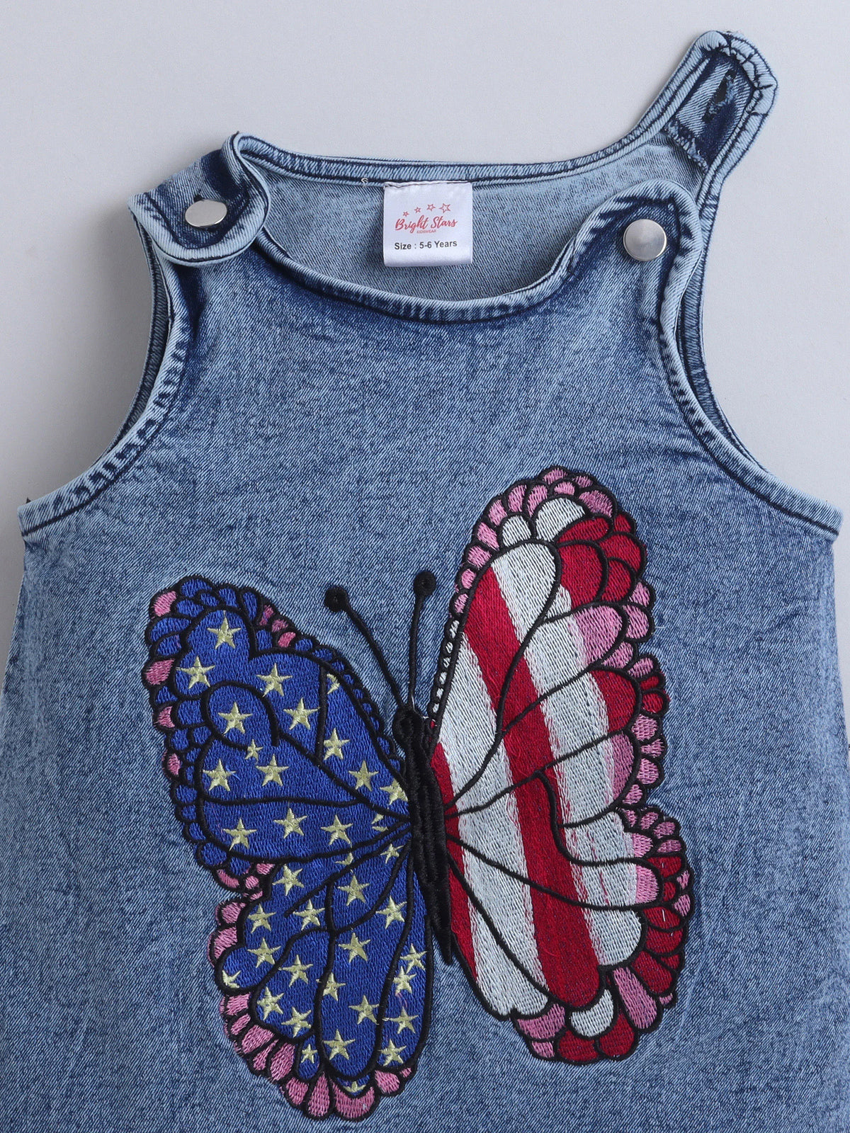 Girls Denim Singlet A-Line Dress With Butterfly Embroider Summer Casual Frock