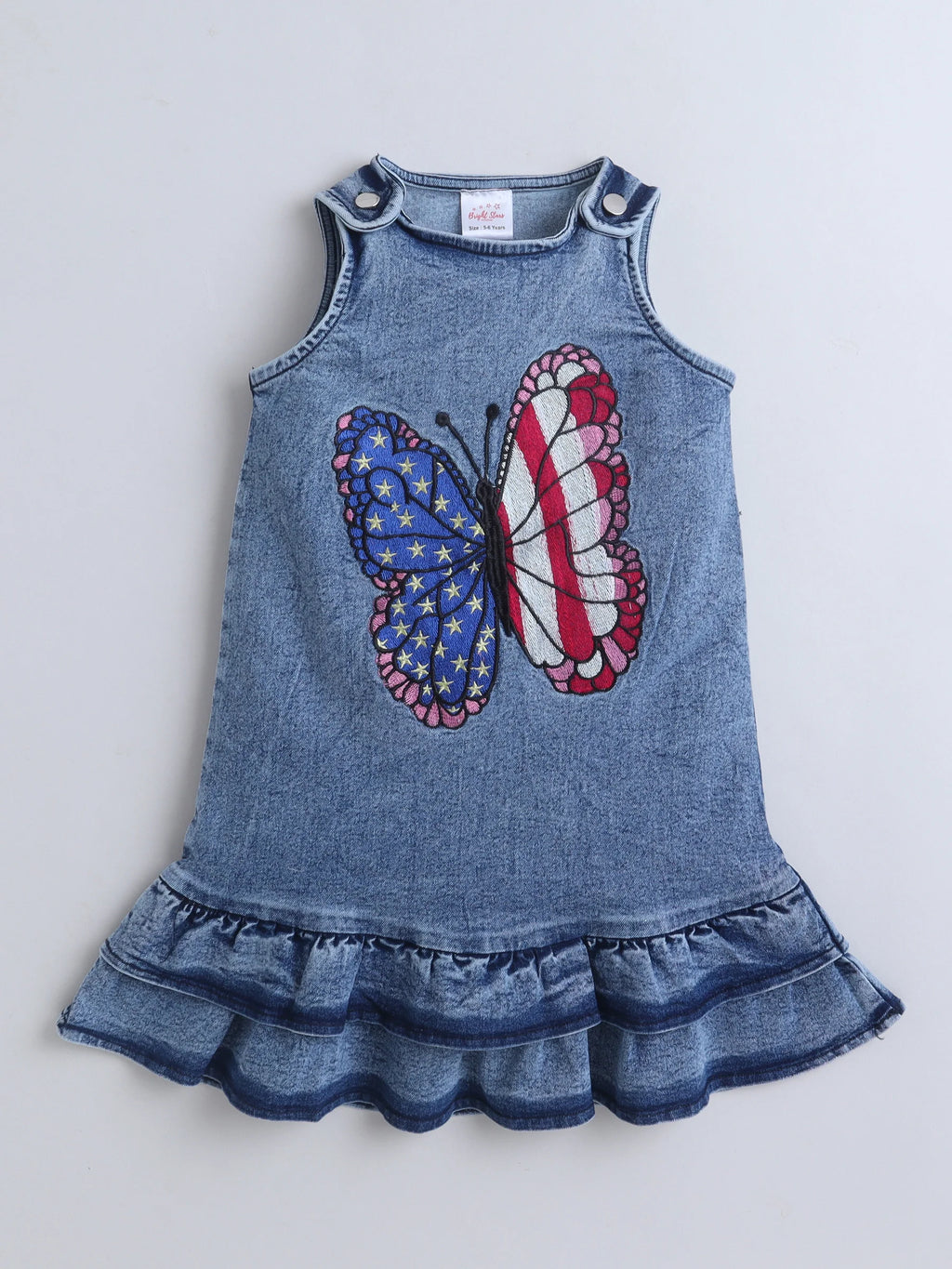 Girls Denim Singlet A-Line Dress With Butterfly Embroider Summer Casual Frock