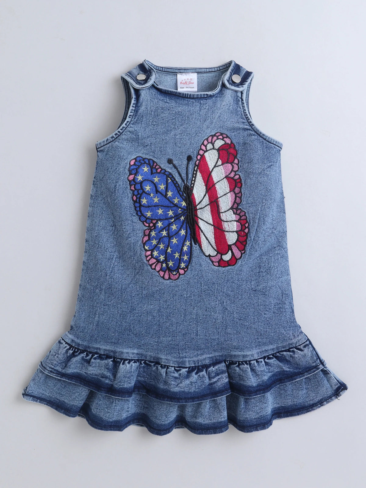 Girls Denim Singlet A-Line Dress With Butterfly Embroider Summer Casual Frock