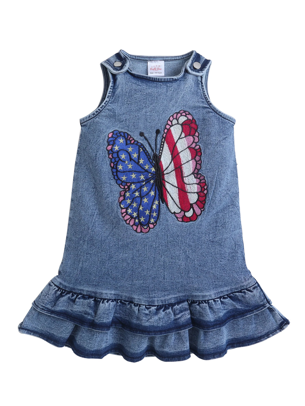 Girls Denim Singlet A-Line Dress With Butterfly Embroider Summer Casual Frock
