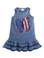 Girls Denim Singlet A-Line Dress With Butterfly Embroider Summer Casual Frock