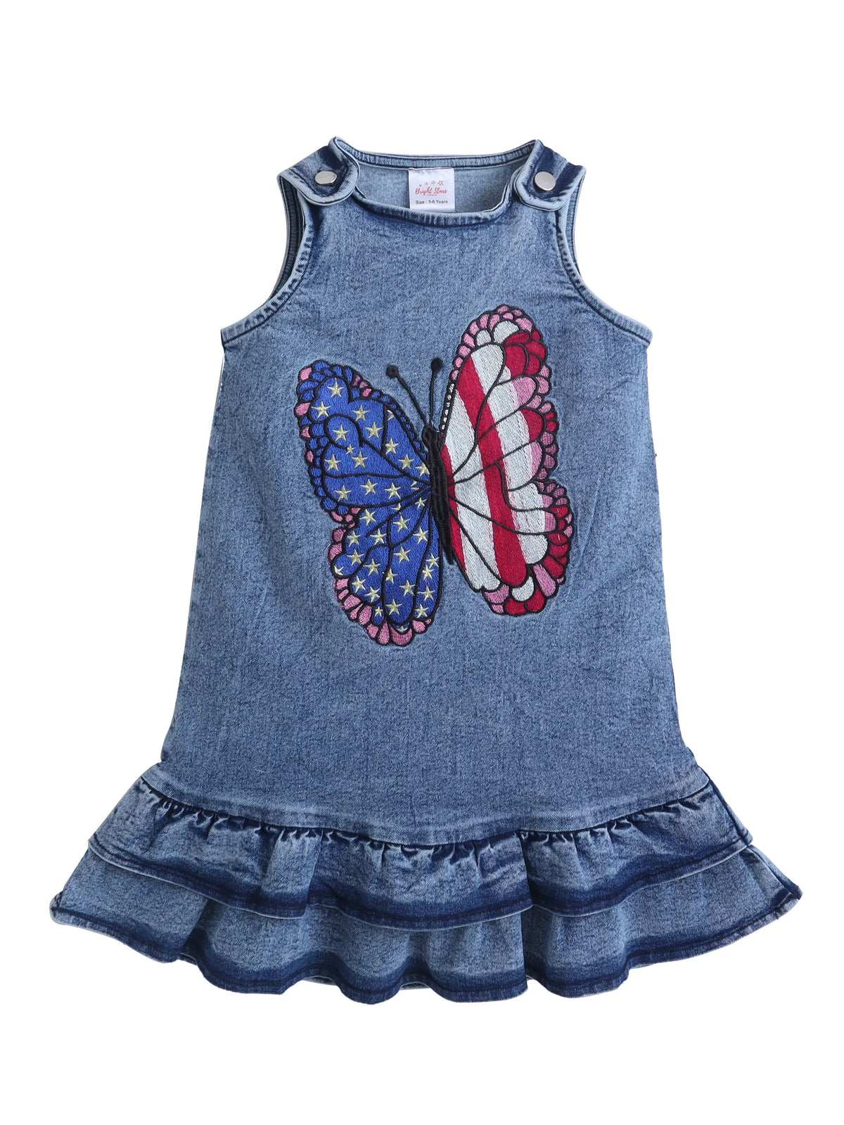 Girls Denim Singlet A-Line Dress With Butterfly Embroider Summer Casual Frock