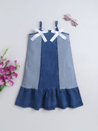 Girls Denim Strap Dress with Satin Bow Detailing, Sleeveless A-Line Summer Frock