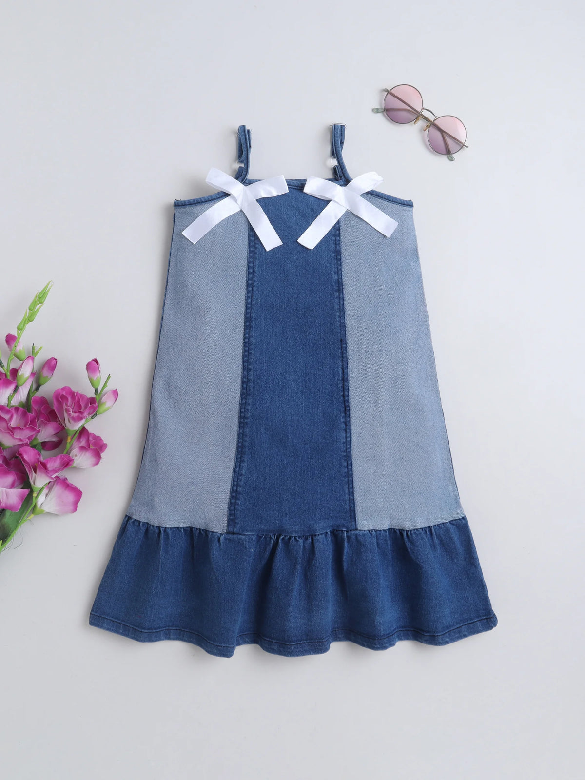 Girls Denim Strap Dress with Satin Bow Detailing, Sleeveless A-Line Summer Frock