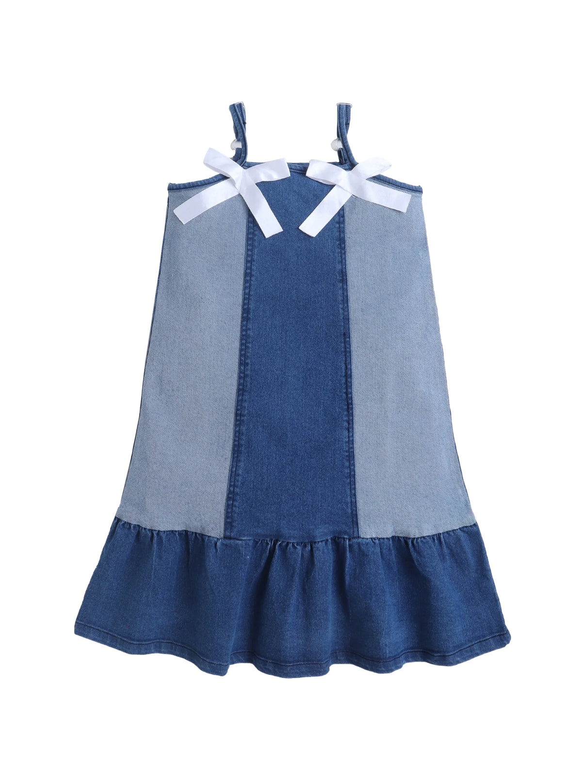 Girls Denim Strap Dress with Satin Bow Detailing, Sleeveless A-Line Summer Frock
