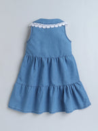 Girls Sleeveless Denim Dress with Lace Trim Collar and Cute Bow Accents