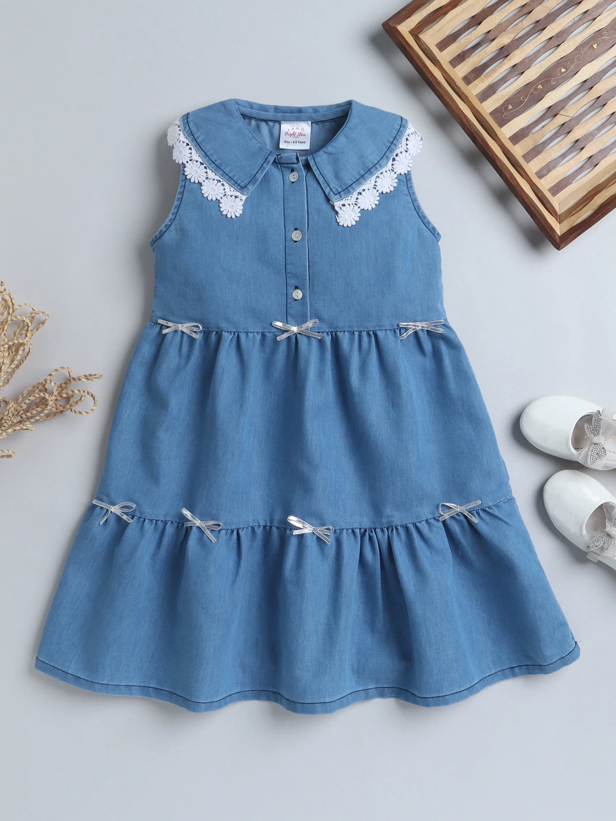 Girls Sleeveless Denim Dress with Lace Trim Collar and Cute Bow Accents