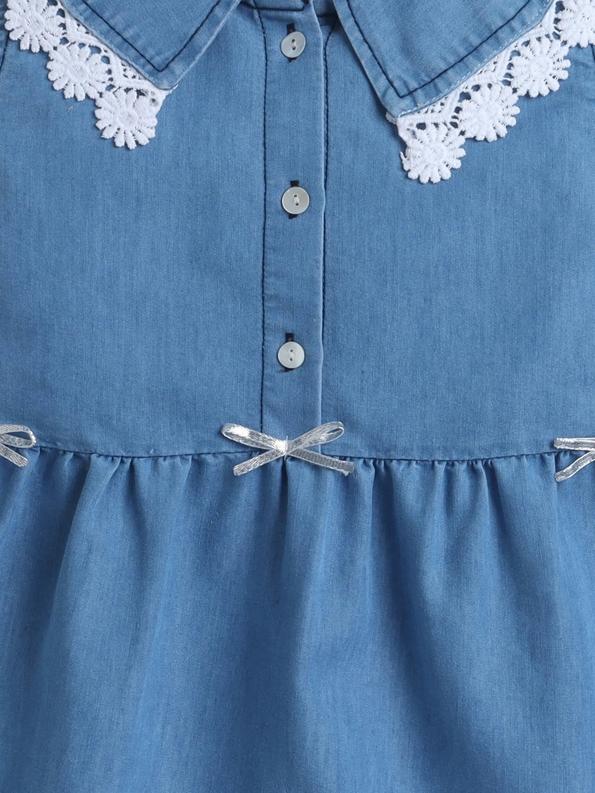 Girls Sleeveless Denim Dress with Lace Trim Collar and Cute Bow Accents